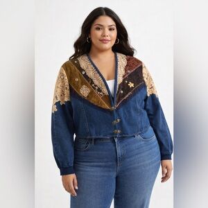 Vintage Patchwork Cropped Denim Jacket fits 14-18